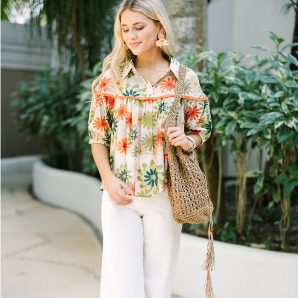 VOY Floral Ruffle Yoke Blouse - Cream with Multicolor Blooms